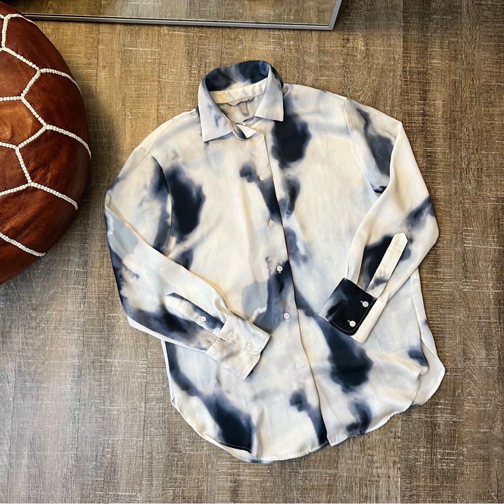 HM White and Blue Satin Oversized Button Down